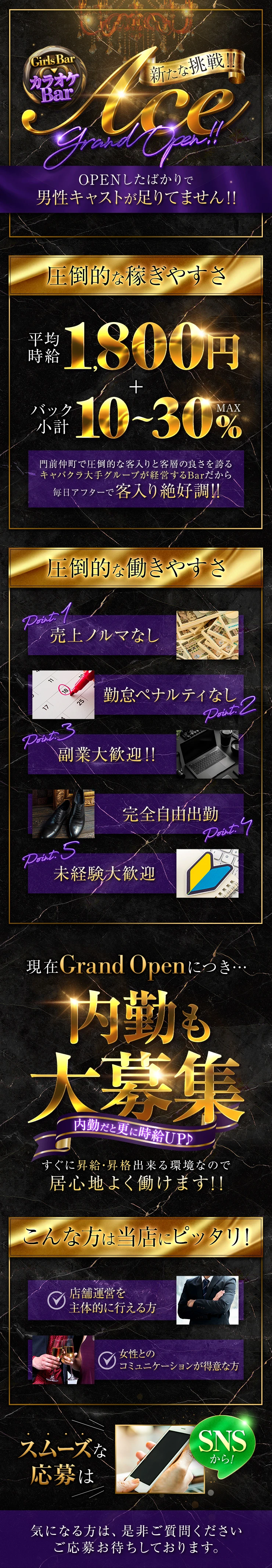 Bar Ace
新たな挑戦！
OPENしたばかりで男性キャストが足りてません！

圧倒的な稼ぎやすさ
平均時給1,800円
＋
バック小計10～30％

門前仲町で