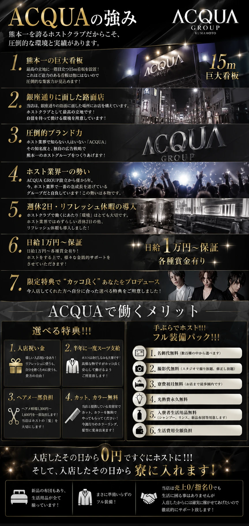 ACQUAの強み 1. 熊本一の巨大看板 最高の立地に一際目立つ15m看板を設置！ これほど迫力のある看板は他にはないので圧倒的な集客力が見込めます！ 2.銀座通りに面した路面店 当店は、銀座通りの路面に面した場所にお店を構えています。 ホストクラブとして最高の立地です！自信を持って働ける環境を用意しています！ 3.圧倒的ブランド力 ホスト業界で知らない人はいない「ACQUA」 その知名度と、独自の広告戦略で熊本一のホストグループをつくりあげます！ 4.ホスト業界ーの勢い ACQUA GROUP設立から僅か5年。 今、ホスト業界で一番の急成長を遂げているグループだと自負しています！