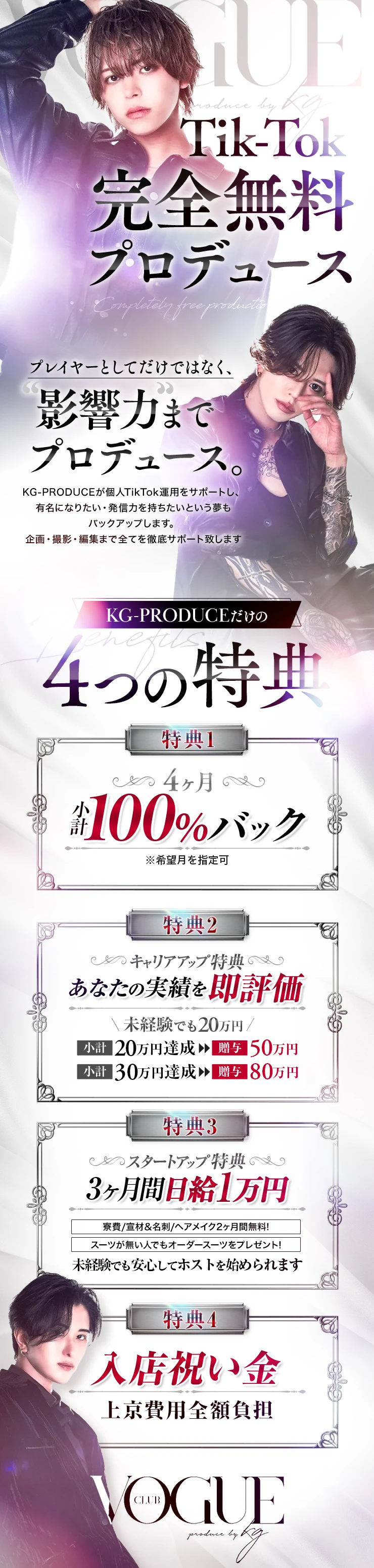 KG-PRODUCEが個人TikTok運用をサポートし、
有名になりたい・発信力を持ちたいという夢も
バックアップします。
企画・撮影・編集まで全てを徹底サポート致します